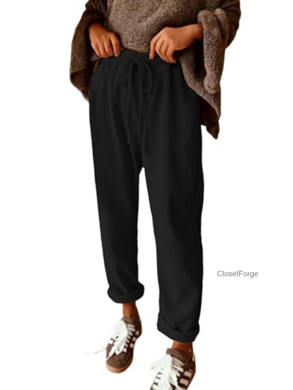 Women Corduroy Drawstring Pants High Waisted Elastic Trousers